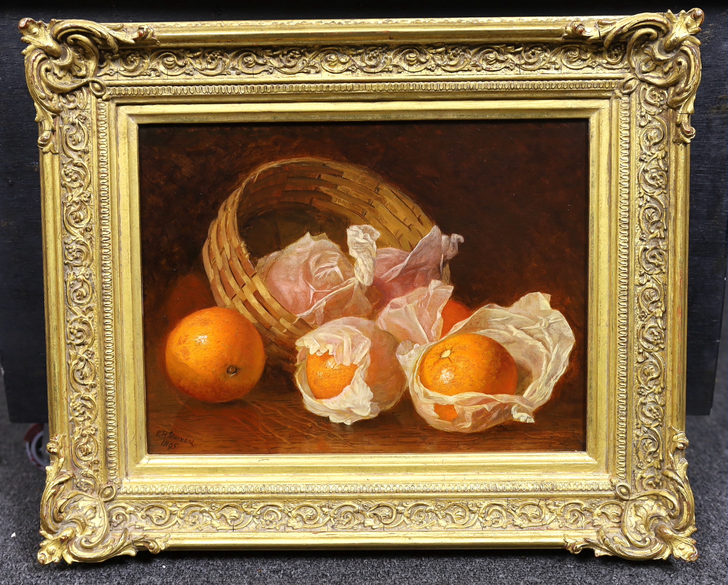 Eloise Harriet Stannard (English, 1829-1915), Still life of oranges and a basket, oil on canvas, 22 x 29cm